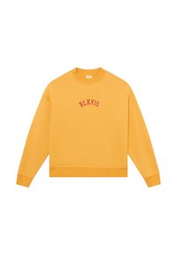 Sudadera amarilla con cuello redondo, puños y dobladillo acanalados, que presenta un logo bordado en rojo con el texto "BLKVIS" en el pecho. Textura suave.