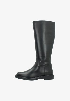 Schwarzer Lederstiefel bis zum Knie mit glatter Textur, runder Zehenform und minimalen Nähten. Flache Sohle sorgt für Stabilität und Komfort.