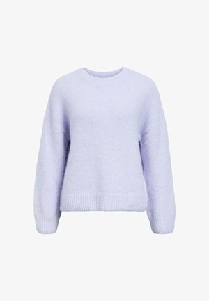 Helllila gestrickter Pullover mit rundem Ausschnitt, überschnittenen Schultern und geripptem Saum. Weiche Textur mit lockerem Sitz.