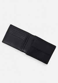 Black leather wallet with a bifold design, featuring multiple card slots and a smooth texture. Simple branding on the interior.