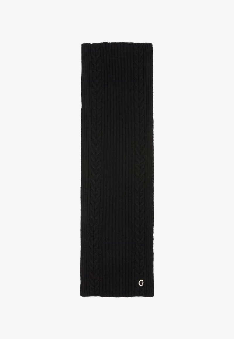 Écharpe noire à côtes avec un motif en maille torsadée et un petit logo "G" argenté à une extrémité. Tissu texturé offrant chaleur et confort.