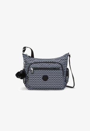Borsa a tracolla a righe blu navy e bianca con superficie texturizzata, scomparti con zip, ciondolo pom-pom removibile e tracolla regolabile.