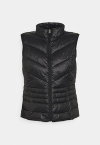 Czarna bezrękawnikowa kamizelka puchowa z wysokim kołnierzem, przednim zamkiem błyskawicznym, przeszyciami w kształcie jodełki oraz gładką, błyszczącą fakturą.