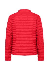 Rode doorgestikte pufferjas met horizontale stiksels, lange mouwen en ovale doorgestikte elleboogstukken, gezien vanaf de achterkant.