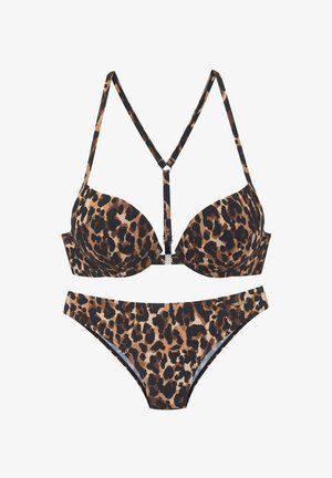 Leopard print bikini with padded top and adjustable straps. Color scheme includes shades of brown, black, and tan. Includes matching bottom.