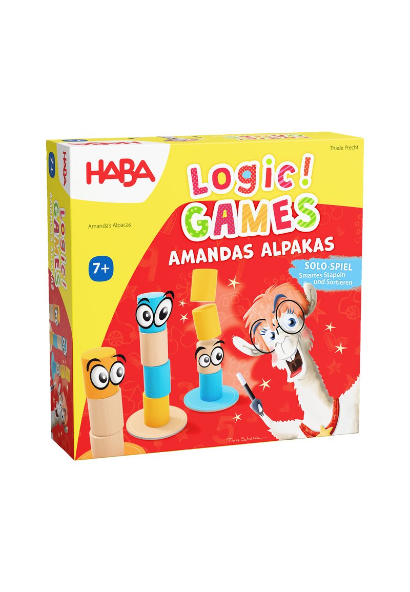 Box of HABA Logic Games "Amanda's Alpacas" with cartoon alpaca and colorful stacking blocks with eyes for ages 7 and up.