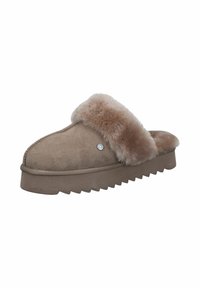 Brown suede slippers with a soft faux fur cuff, rounded shape, and a ridged sole for traction. Features a small decorative logo.