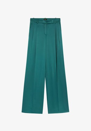 Pantaloni a gamba larga in tessuto liscio di colore verde acqua, con vita alta, pieghe frontali, passanti per cintura e chiusura con zip.