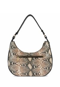 Borsa hobo in stampa pitone finta con tonalità beige e nere. Presenta una tasca frontale con cerniera e una tracolla nera. Texture liscia e forma curva.