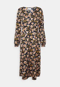 Květinové midi šaty z námořnické tkaniny. Mají výstřih do V, dlouhé rukávy s elastickými manžetami, přiléhavý pas a barevný květinový vzor v b ílé, oranžové a žluté.