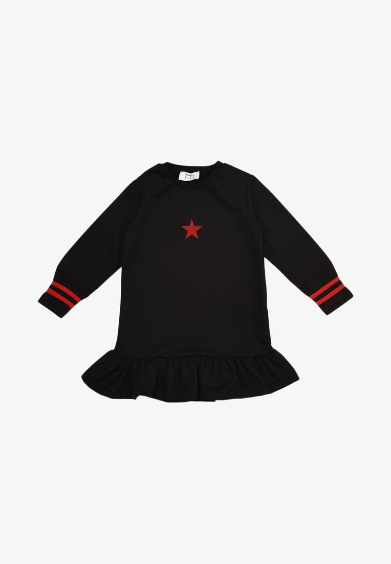 Robe noire à manches longues avec étoile rouge sur la poitrine, double bandes rouges sur les poignets et ourlet à volants.