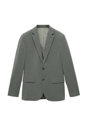 Grijze blazer van geweven stof, met een gesneden revers, twee voorkélen en twee knopen, ontworpen in een getailleerde pasvorm.