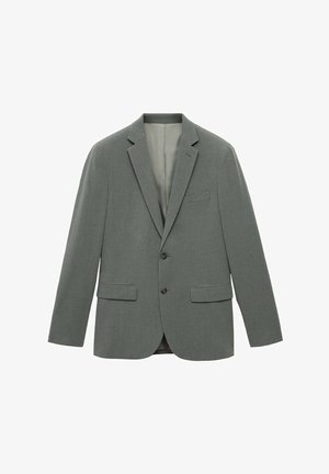 Szary żakiet z teksturowanej tkaniny, z klapami w kształcie litery V, dwiema przednimi kieszeniami i dwoma guzikami, zaprojektowany w kroju dopasowanym.
