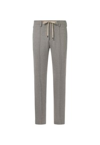 Šedé nohavice vyrobené z mäkkej látky, s elastickým pásom na šnúrku, dvoma prednými záhybmi a slim fit strihom.