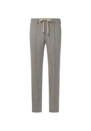 Pantalon gris en tissu doux, doté d'une taille avec cordon de serrage, de deux plis avant et d'une coupe slim.