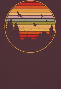 De afbeelding heeft een cirkelontwerp met een zonsondergangsverloop van rode, oranje, gele, groene en roze strepen, met silhouetten van bomen, bergen en vliegende vogels.