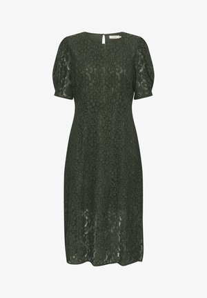 Abito in pizzo verde scuro con maniche a palloncino corte, motivo floreale, scollatura rotonda e apertura a chiave sul retro.