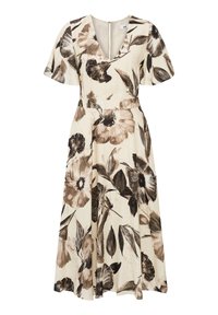 Blumenkleid in Creme mit großen Blumenmotiven in Braun und Schwarz. Kurze Ärmel, V-Ausschnitt und ein ausgestellter Rock. Das Material wirkt leicht.