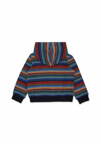 Felpa con cappuccio a righe multicolore in blu, rosso, verde e marrone, con polsini e orlo a coste blu navy.