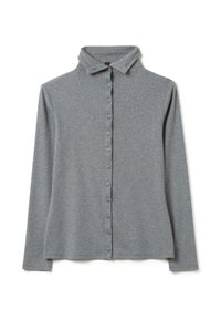 Graues Langarmhemd, Knopfverschluss vorne, mit Kragen, gerippte Textur, weiches Material, gerader Saum, minimalistischer Stil.