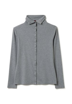 Grijze langwerpige blouse met lange mouwen, knoopsluiting aan de voorkant, kraagontwerp, ribbeltextuur, zacht materiaal, rechte zoom, minimalistische stijl.
