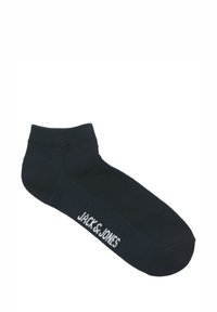 Zwarte enkelsok gemaakt van een zachte katoenmix, voorzien van een geribde boord en het witte "JACK & JONES" logo aan de zijkant. Eenvoudig en aangesloten ontwerp.