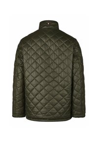 Donkergroene gevoerde jas die van achteren wordt getoond met ruitvormige stiksels en een klein driekleurig vlagdetail op de kraag.