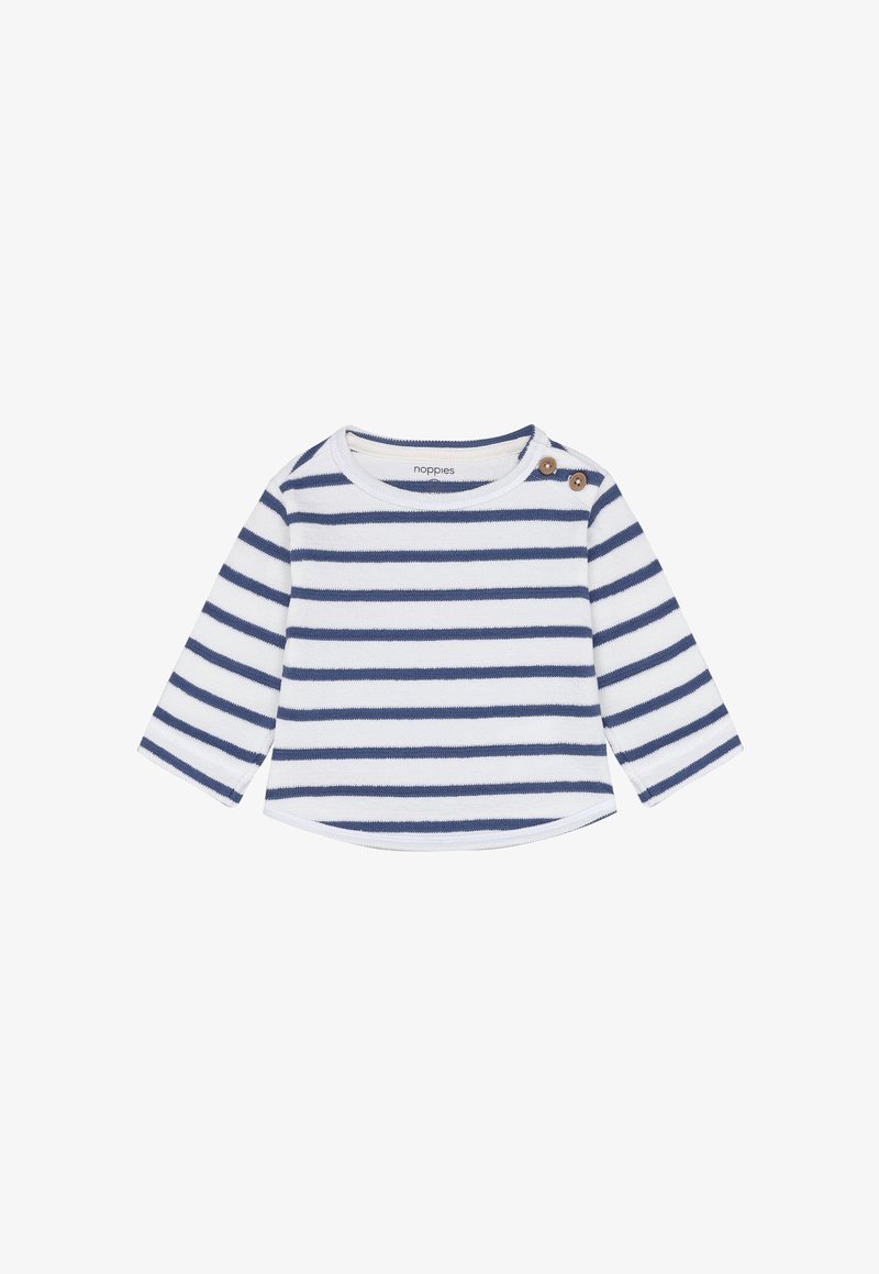 Top de manga larga a rayas en blanco y azul marino, con un escote redondeado y dos botones de madera en el hombro izquierdo. Material de algodón suave.