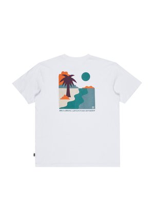 White short-sleeve t-shirt featuring a colorful graphic of a palm tree, sun, and river on the back with "Billabong Adventure Division" text.