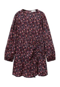 Långärmad klänning i mörk marinblått tyg med rosa och krämfärgade blommönster. Har en rynkad midja och utsvängd kjol med volangmaräng.