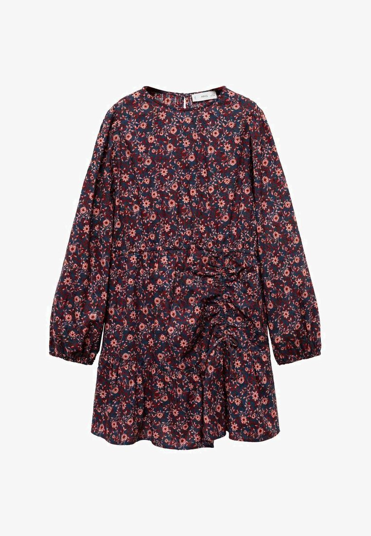 Långärmad klänning i mörk marinblått tyg med rosa och krämfärgade blommönster. Har en rynkad midja och utsvängd kjol med volangmaräng.