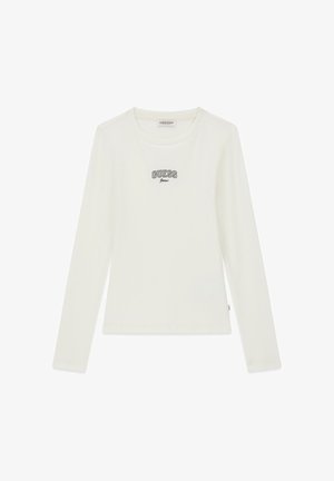 Biały, długi rękaw, bawełniany top z prążkowaną strukturą. Na przodzie haftowane ciemnoszare logo „GUESS Jeans”. Okrągły dekolt, prosty design.