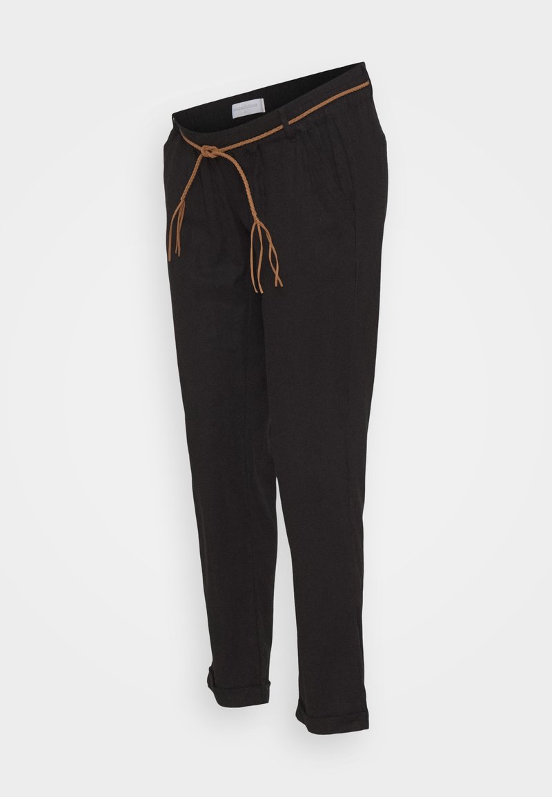 Black trousers featuring a drawstring waistband with brown accents, tapered shape, soft fabric, and rolled cuffs at the ankles.