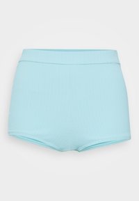 Helle blaue gerippte Shorts mit einem nahtlosen Bündchen und figurnahen Schnitt. Hergestellt aus weichem, elastischem Material für Komfort und Bewegungsfreiheit.
