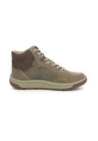 Bruine suède hoge schoenen met beige accenten en ronde veters, met een gestructureerde afwerking en een rubberen zool voor duurzaamheid.