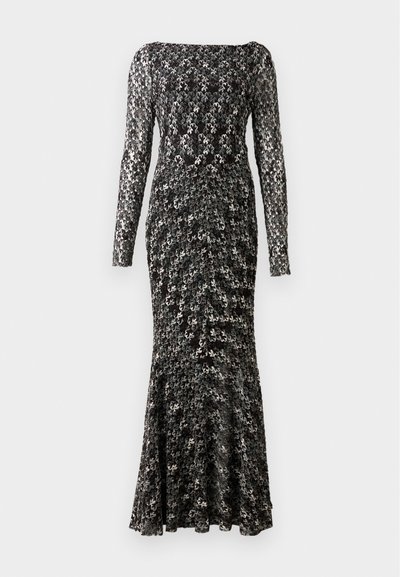 Vestito nero e argento con paillettes, maniche lunghe, corpino aderente e fondo svasato, con scollatura quadrata e motivo intricato.