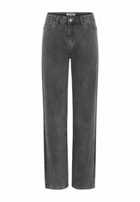 Graue Denim-Hosen im weiten Schnitt mit hoher Taille, Knopf- und Reißverschluss, zwei vorderen Taschen und minimalistischem Design. Gleichmäßige Textur über die gesamte Hose.