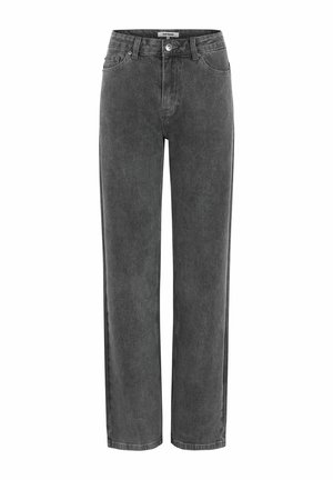 Gray denim wide-leg jeans with a high waist, button and zipper closure, two front pockets, and minimalistic design. Even texture throughout.