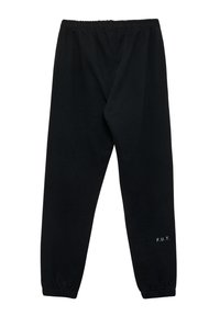 Schwarze Jogginghose mit elastischem Bund und Bündchen, aus weichem Baumwollstoff gefertigt, mit dem weißen Aufdruck "F.U.T." auf dem unteren linken Bein.