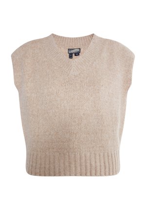 Beige gestrickter ärmelloser Pullover mit V-Ausschnitt und geripptem Saum. Weiche Textur mit einem gefleckten Muster.