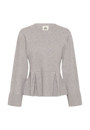 Lysegrå strikket sweater med lange ærmer, brede manchetter, rund hals og plisseret peplumkant under taljen.