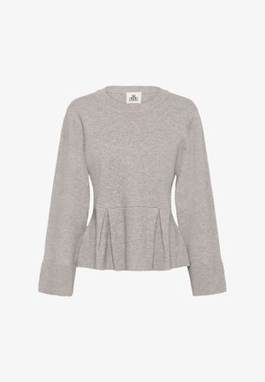 Light grey knit sweater with long sleeves, wide cuffs, round neck, and pleated peplum hem below the waist.