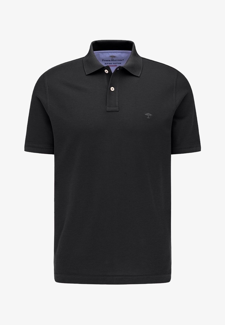 Polo noir en coton Supima. Manches courtes, patte à deux boutons, logo discret sur la poitrine, texture lisse, coupe classique.