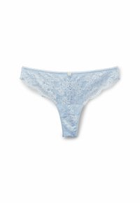 Light blue lace thong featuring floral patterns, scalloped edges, and a small decorative button at the center back.