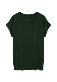 Ciemnozielona koszulka wykonana z miękkiego materiału, charakteryzująca się luźnym krojem, krótkimi rękawami i okrągłym dekoltem. Prosty i jednolity kolor.