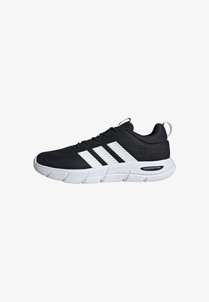 Black athletic shoes made of mesh material, featuring white accents and three stripes on the side, with a flexible sole labeled "CLOUDFOAM FLEX."