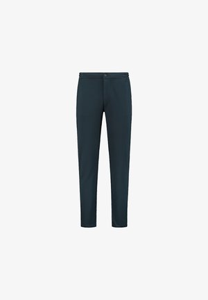Pantaloni de culoare albastră închisă, confecționați dintr-un material cu ușoară elasticitate. Au un buton în față, croi slim și o textură netedă, fiind potriviți pentru o ținută casual.