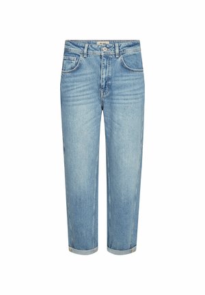 Hele sinised kõrge vöökohaga sirge säärega teksad, millel on keeratud mansetid, ees nupp ja taskud valgel taustal.