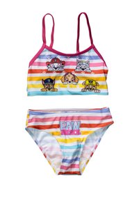 To-delt børns badetøj med stribet mønster i pastelfarver. Toppen har tegneseriehundekarakterer, mens bunden har teksten "PAW PATROL".