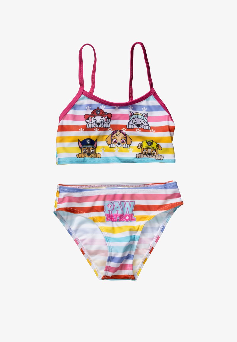 Two-piece children's swimsuit with striped pattern in pastel colors. Top features cartoon dog characters; bottom has "PAW PATROL" text.